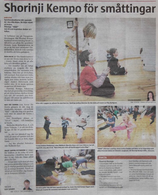 Article in the local newspaper "Värmlands Folkblad" called "Shorinji Kempo för småttingar" (Shorinji Kempo for small kids)